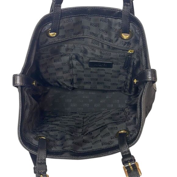 Michael Kors - Black Gold MK Logo Print Shoulder Bag / Purse / Handbag Carry All - Picture 4 of 8